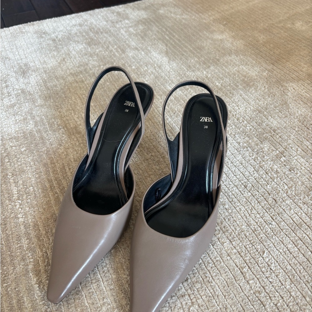 Zara Taupe Pointed Toe Slingback Heels